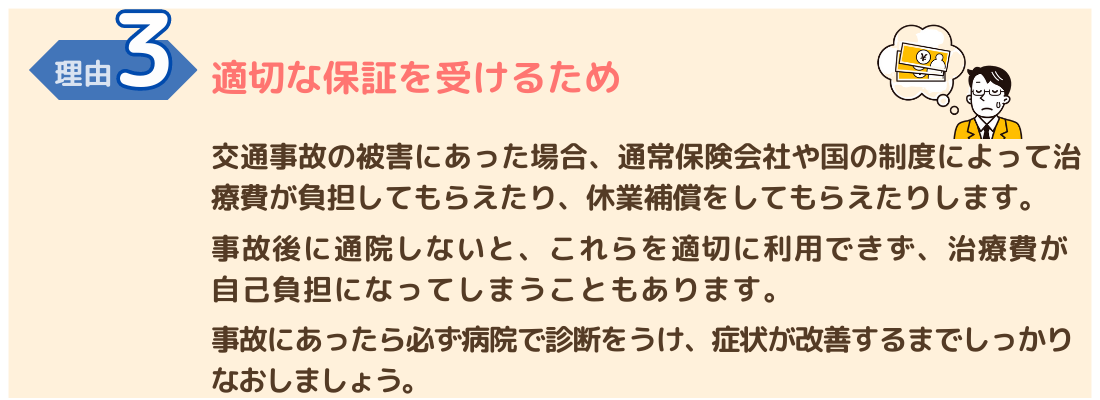 交通事故施術が必要な理由３　適切な保証をうけるため 交通事故の被害に遭った場合、保険にて補償がうけられます。 交通事故後に通院しないと補償がうけられず、治療費が自己負担になります。 交通事故にあったら必ず病院で診断をうけ、回復するまで治しましょう。